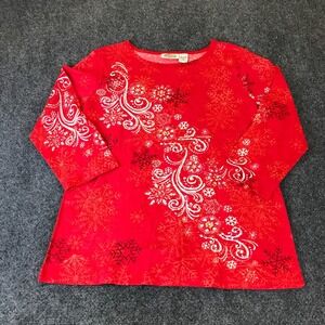 Collections Etc. Blouse Top Women's M Red Cascading Snowflakes Print Round Neck